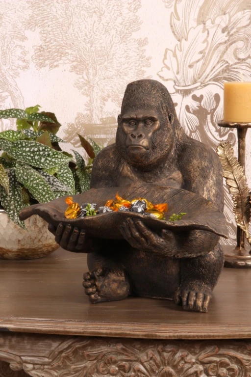 Gorilla Sculpture with Tray - Gold - 39 cm