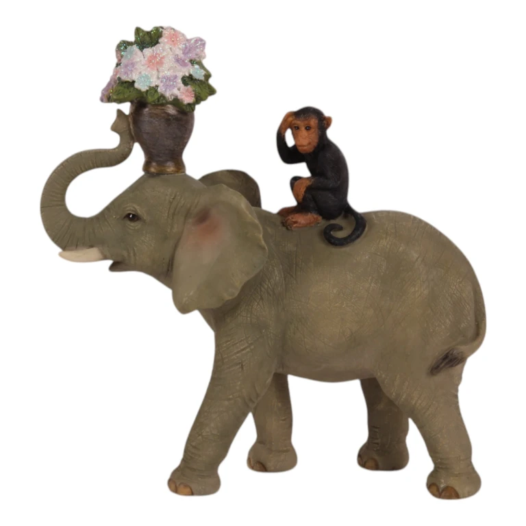 Animal statue elephant with monkey - brown - 17 cm