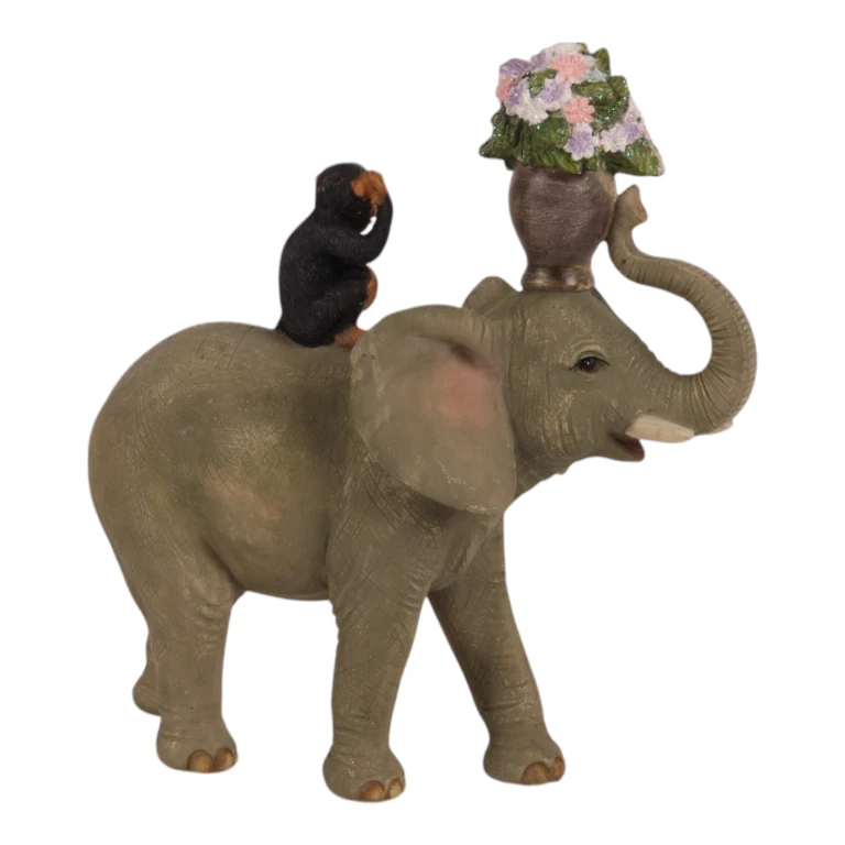 Animal statue elephant with monkey - brown - 17 cm