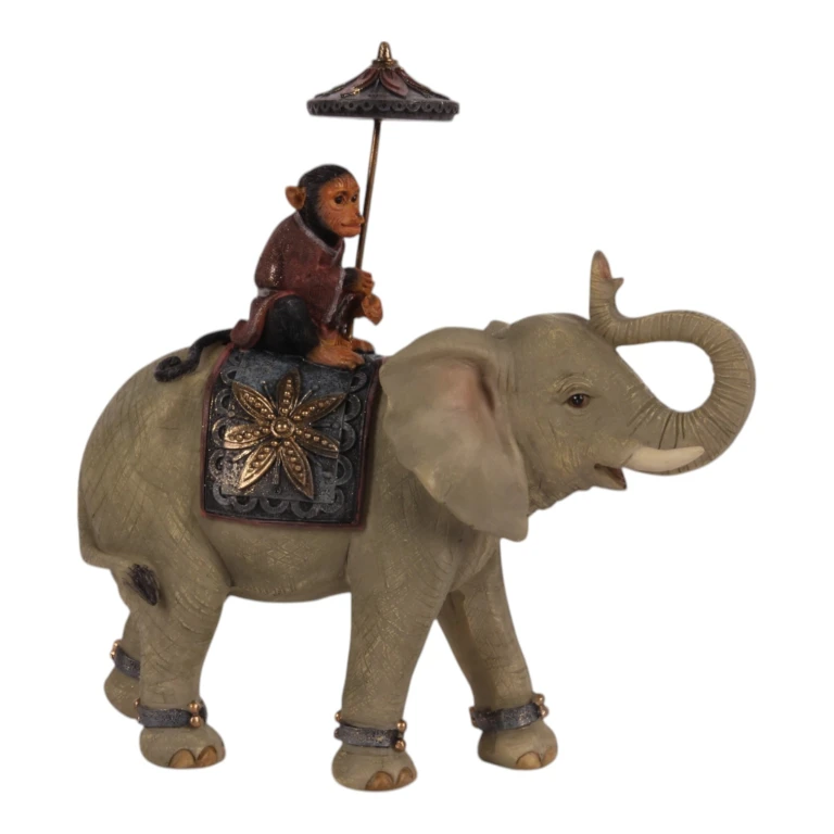 Animal Sculpture Elephant with Monkey - Brown - 19 cm