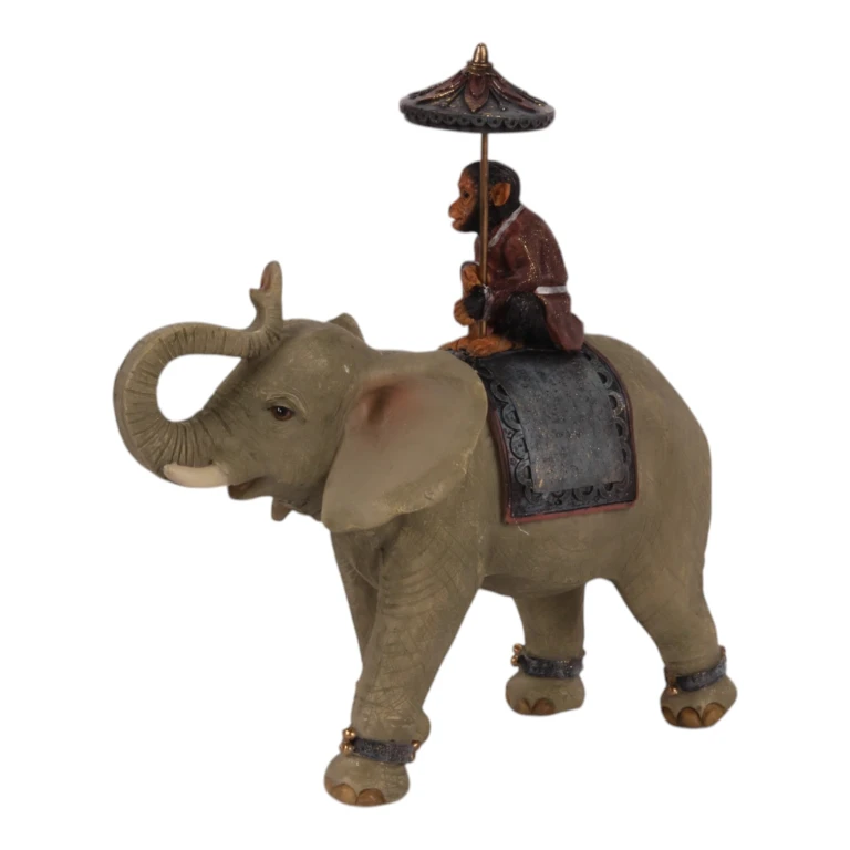 Animal Sculpture Elephant with Monkey - Brown - 19 cm