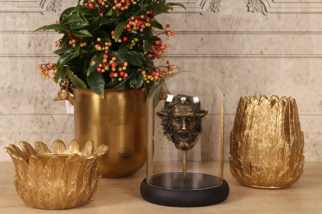 Bacchus Figure with Glass Dome - Gold - 23 cm - Resin