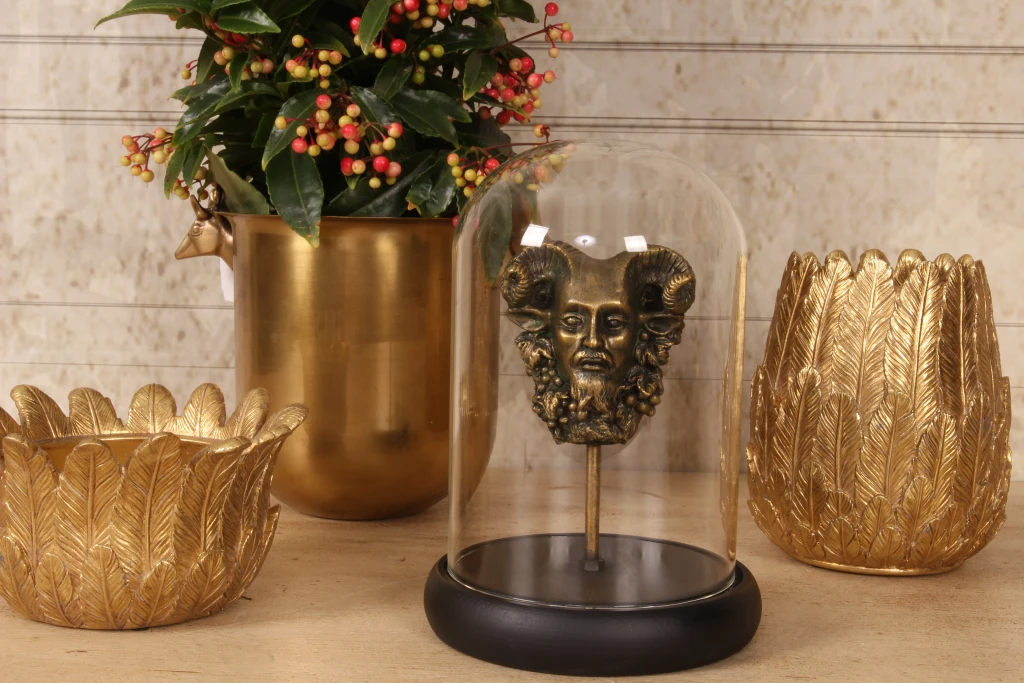 Bacchus figurine with glass dome – gold – 23 cm – resin