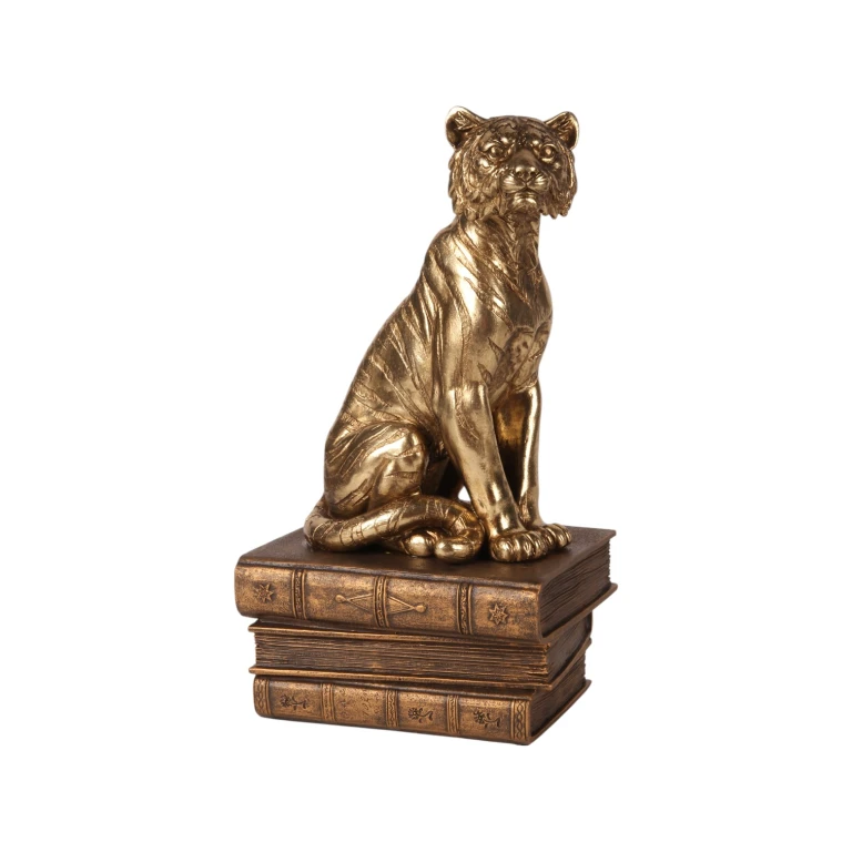 Tiger statue on books - gold - 29 cm