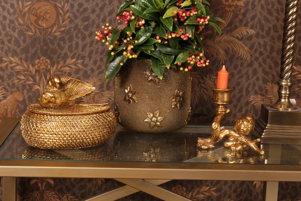 Storage Box with Lid - 19 cm - Gold - Resin