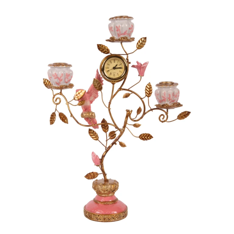 Parrot Candelabra with Clock - 32 cm - Pink - Resin