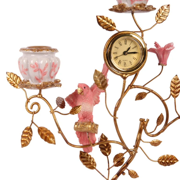 Parrot Candelabra with Clock - 32 cm - Pink - Resin