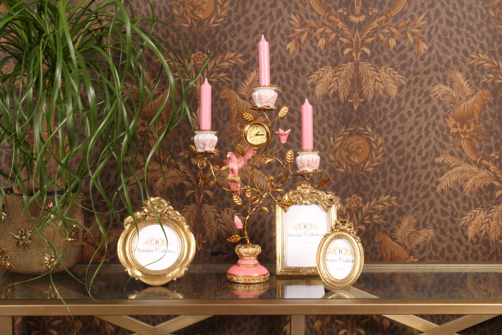 Parrot Candelabra with Clock - 32 cm - Pink - Resin