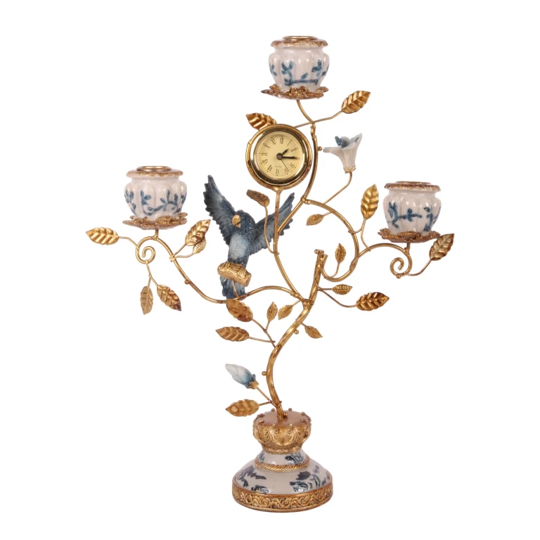 Parrot Candle Holder with Clock - 32 cm - Blue - Resin