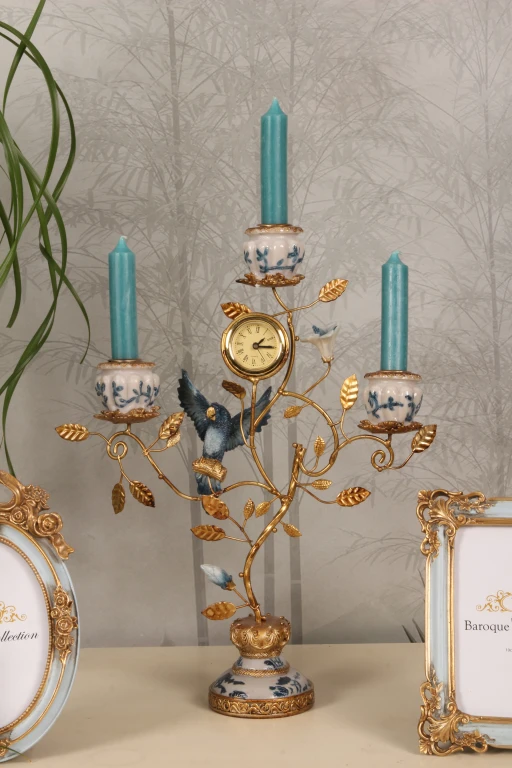 Parrot Candle Holder with Clock - 32 cm - Blue - Resin