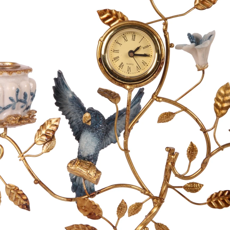 Parrot Candle Holder with Clock - 32 cm - Blue - Resin