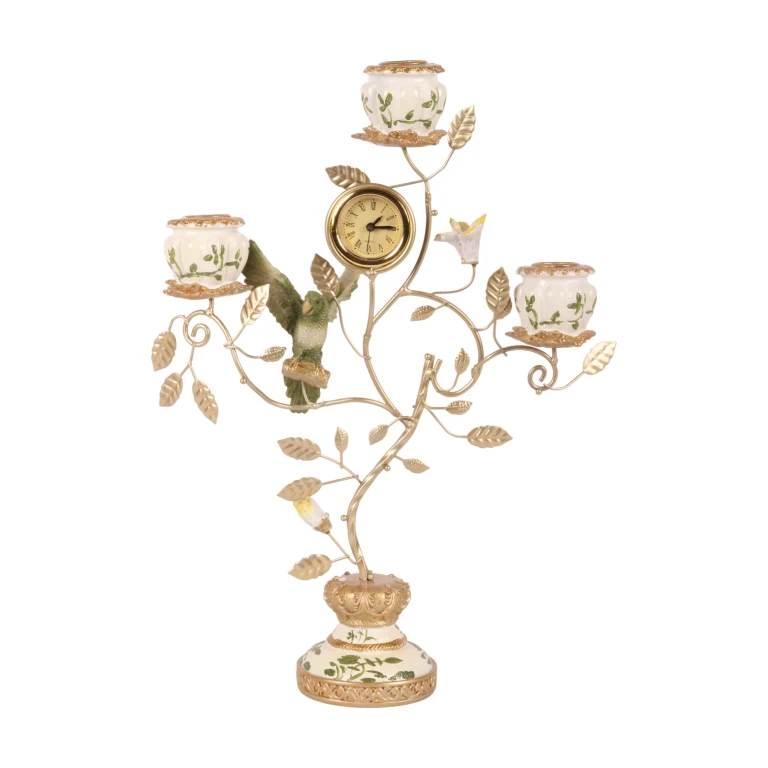 Parrot Candelabrum with Clock - 32 cm - Green - Resin