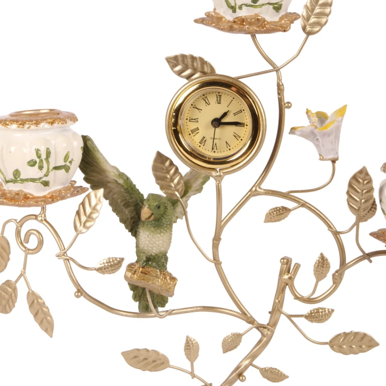 Parrot Candelabrum with Clock - 32 cm - Green - Resin