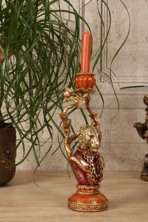 Lion Candle Holder - 31 cm - Gold - Resin