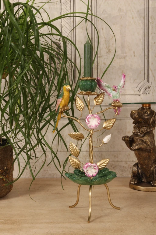 Bird Candleholder - 38.5 cm - Green - Resin