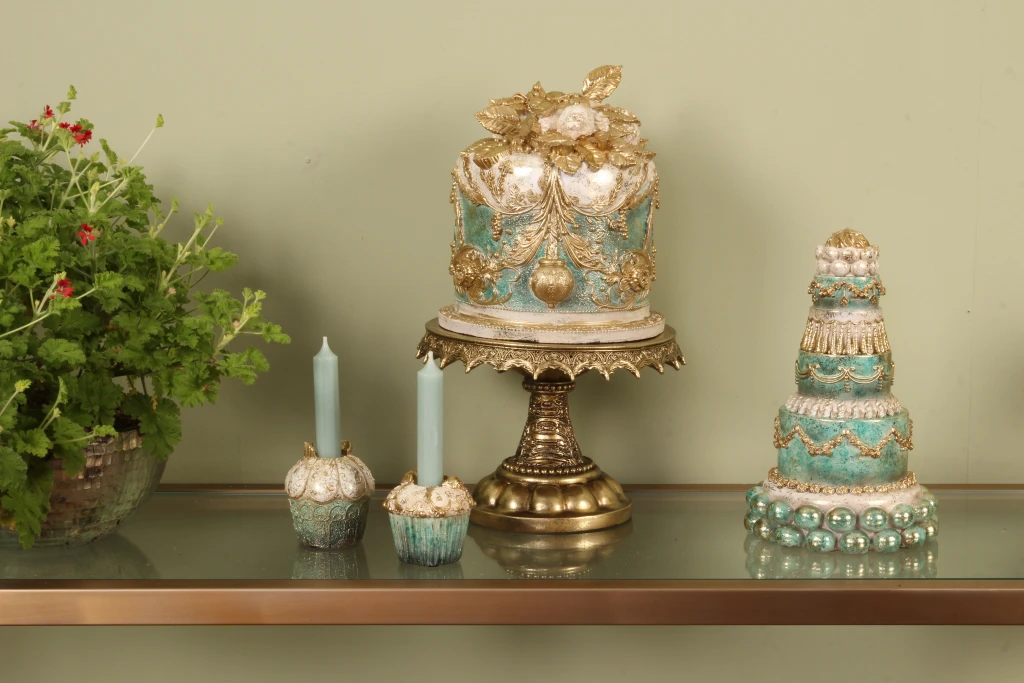 Cake Candle Holder - 9 cm - Blue/Gold - Resin