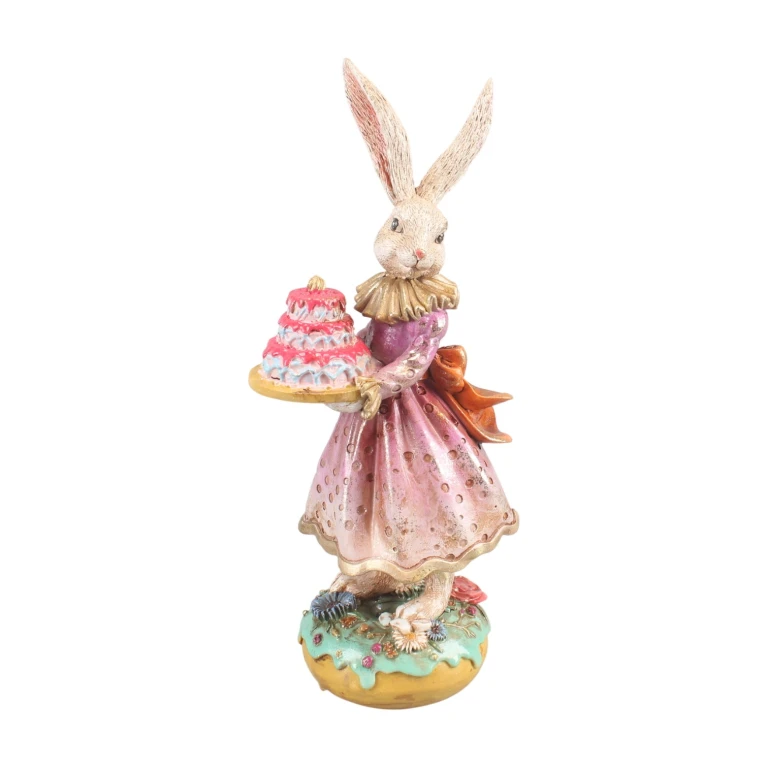 Rabbit figurine with cake - pink - 28.5 cm