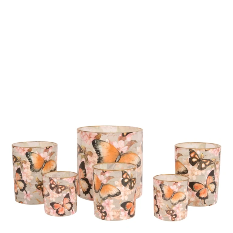 Candle holder with butterflies - pink - glass - 15 cm