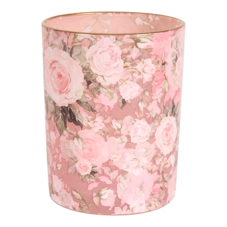 Candle holder with floral print - pink - glass - 12.5 cm