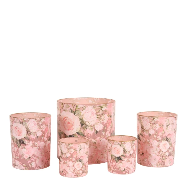 Candle holder with floral print - pink - glass - 12.5 cm